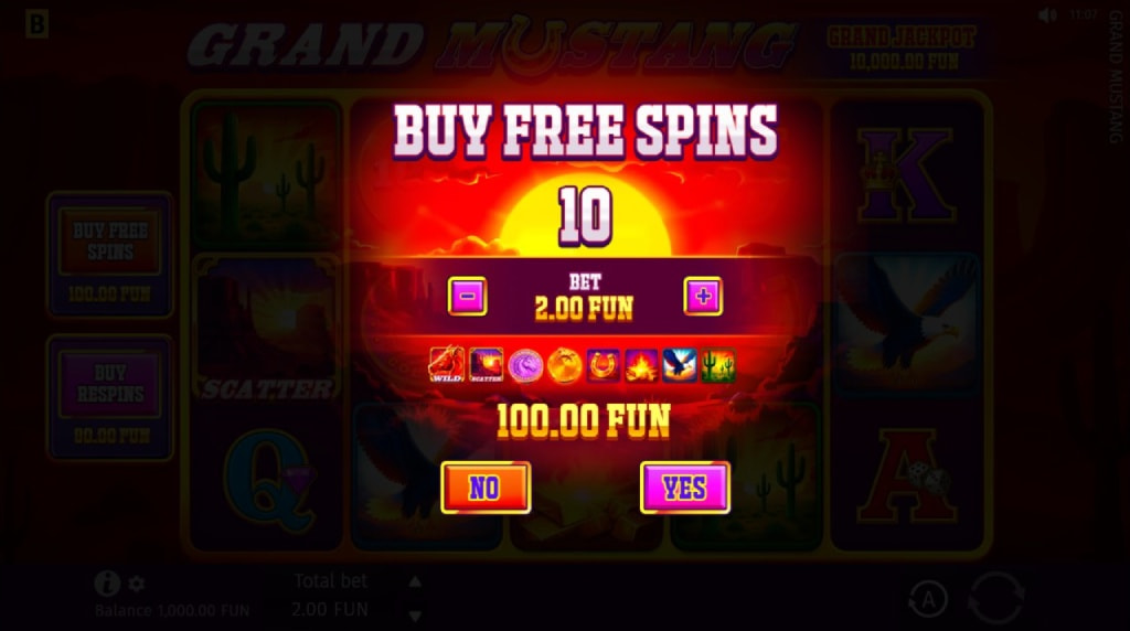 Screenshot cu funcția Bonus Buy a slotului Grand Mustang