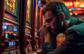Un om care joacă la un aparat slot