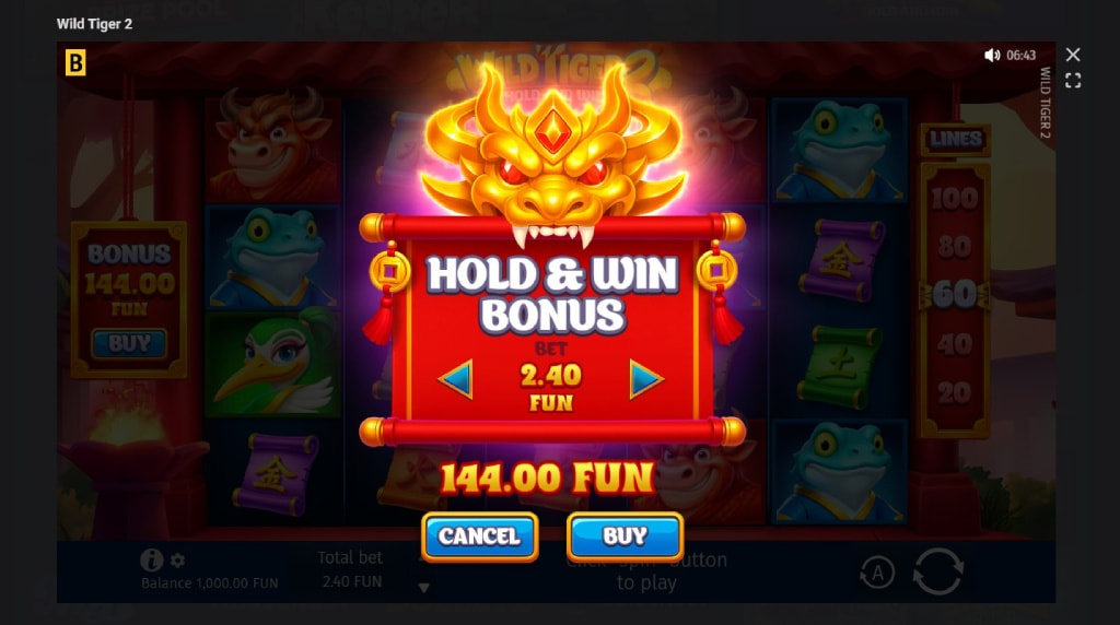 Screenshot cu funcția Bonus Buy a slotului Wild Tiger 2