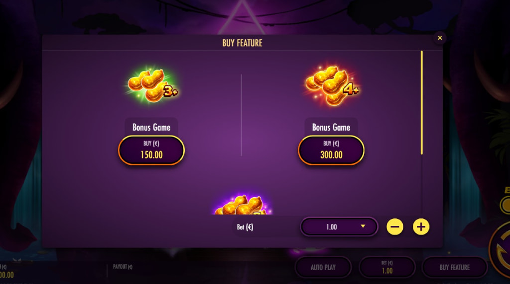 Screenshot cu funcţia Bonus Buy a slotului Pink Elephants Trinity