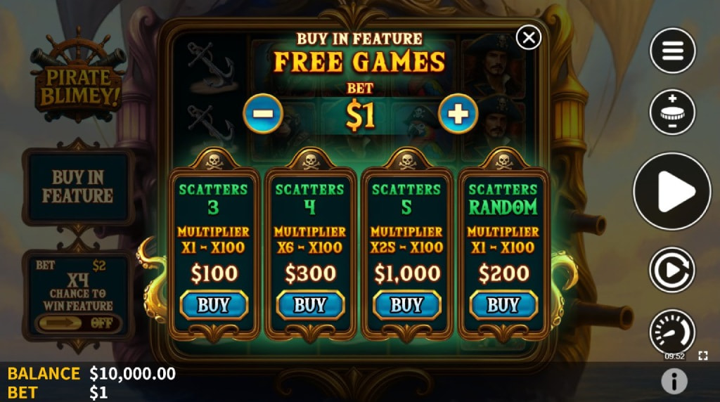 Screenshot cu funcția cumpătă bonus a slotului Pirate Blimey!
