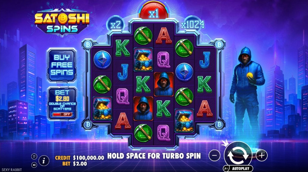 Screenshot cu noul slot Satoshi Spins dezvoltat de Pragmatic Play