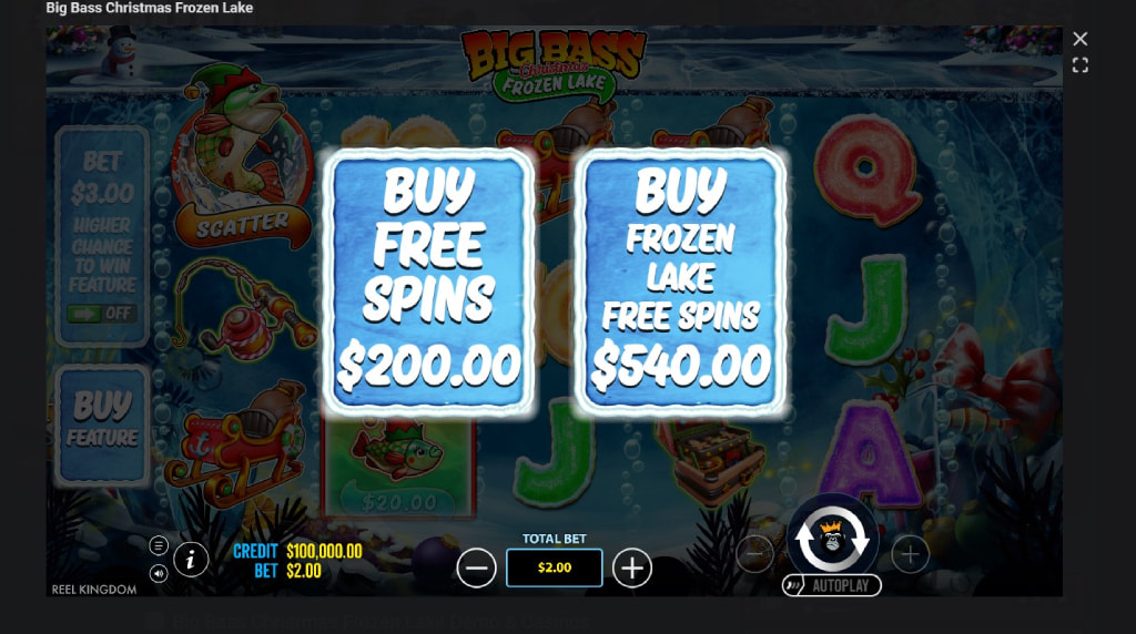 Screenshot cu funcția Bonus Buy a slotului Big Bass Christmas Frozen Lake