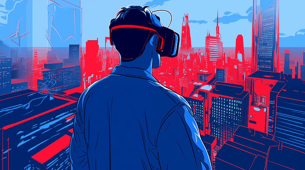 Persoană cu ochelari VR privind un oraș futurist