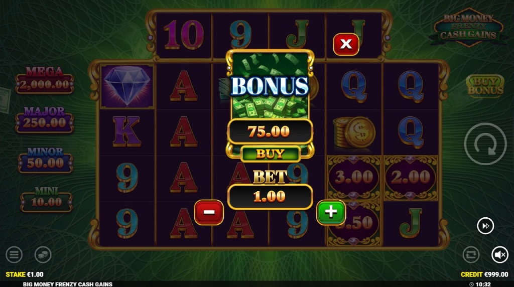 Screenshot funcția de cumpărare bonus a slotului Big Money Frenzy Cash Gains