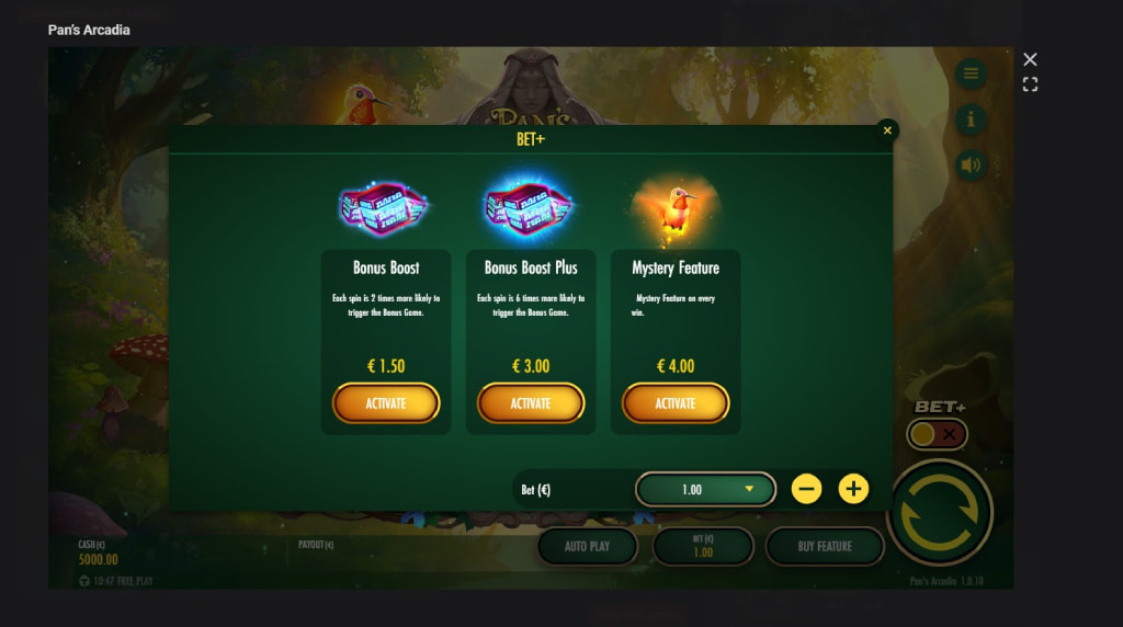 Screenshot cu funcșia Ante Bet a slotului Pan’s Arcadia