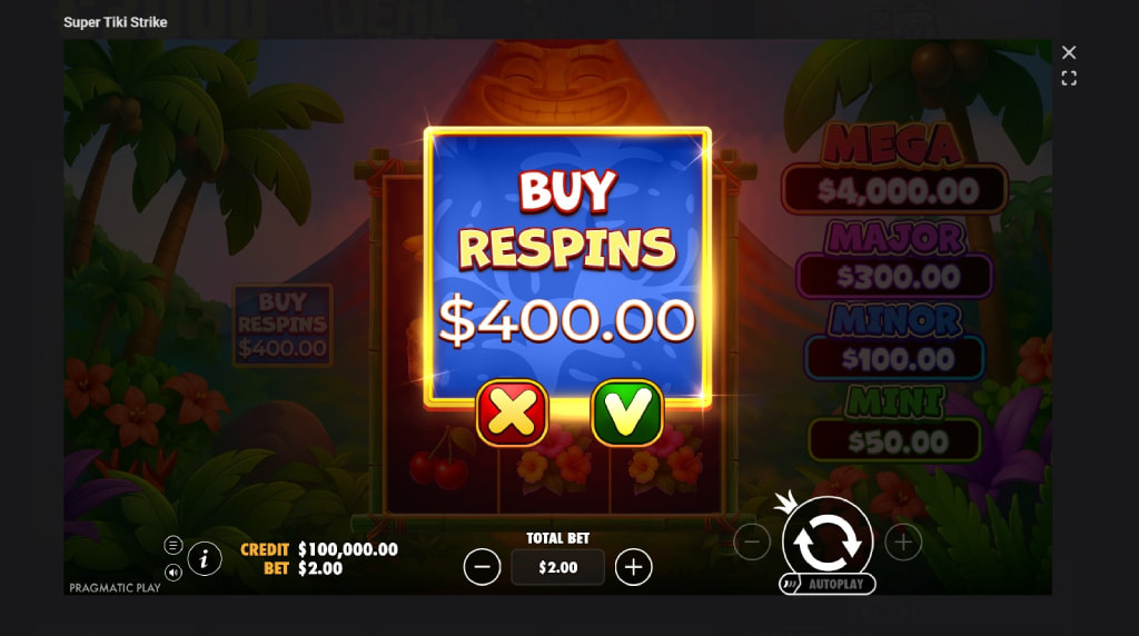 Screenshot cu funcția de cumpărare bonus a slotului Super Tiki Strike