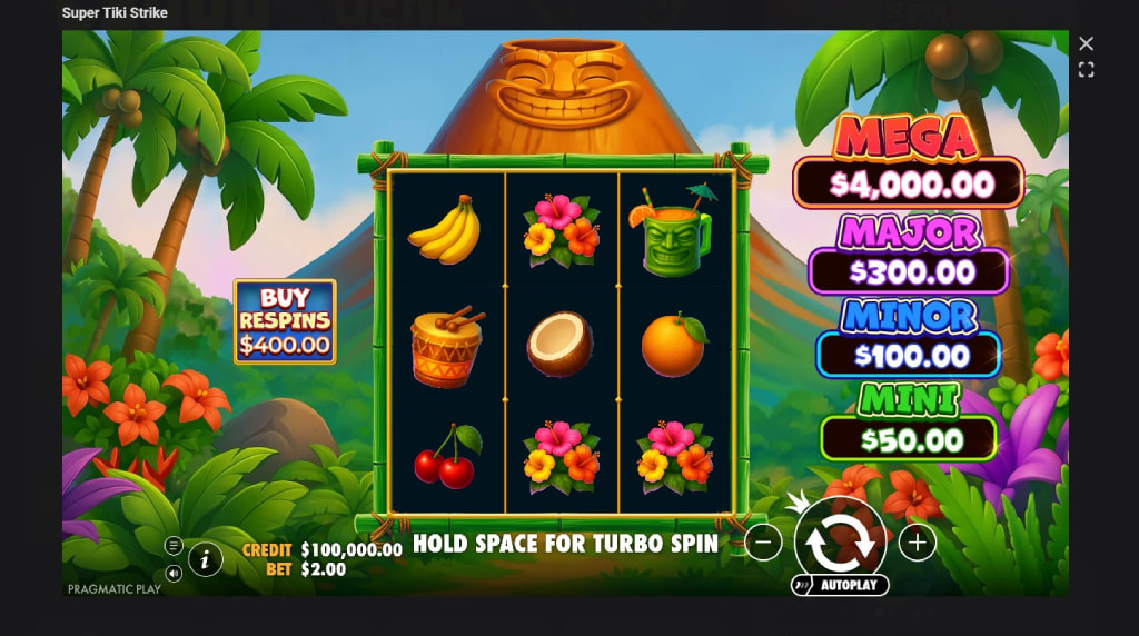 Screenshot cu noul slot Super Tiki Strike dezvoltat de Pragmatic