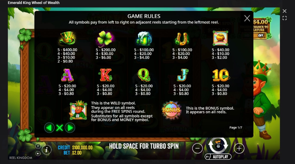 Screenshot cu tabelul de plată al slotului Emerald King Wheel of Wealth