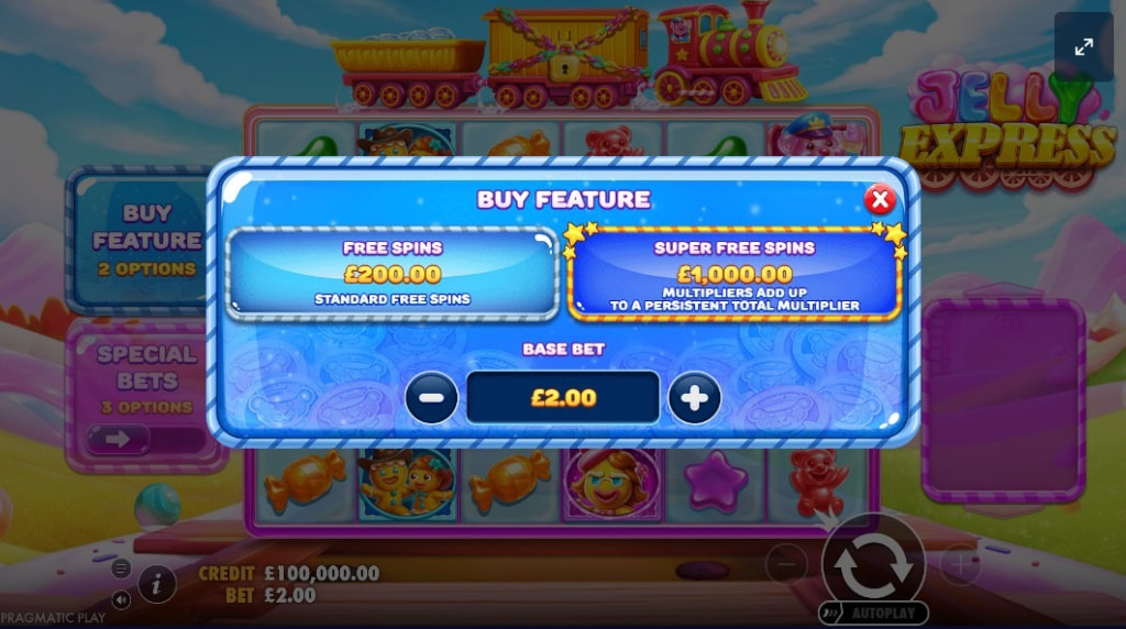 Screenshot cu funcția de cumpărare bonus a slotului jelly Express