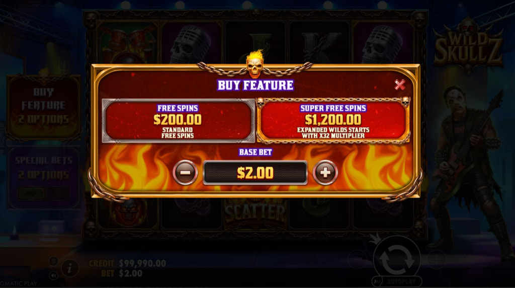 Screenshot cu funcțiile Cumpără Runde gratuite și Super runde gratuite ale slotului Wild Skullz