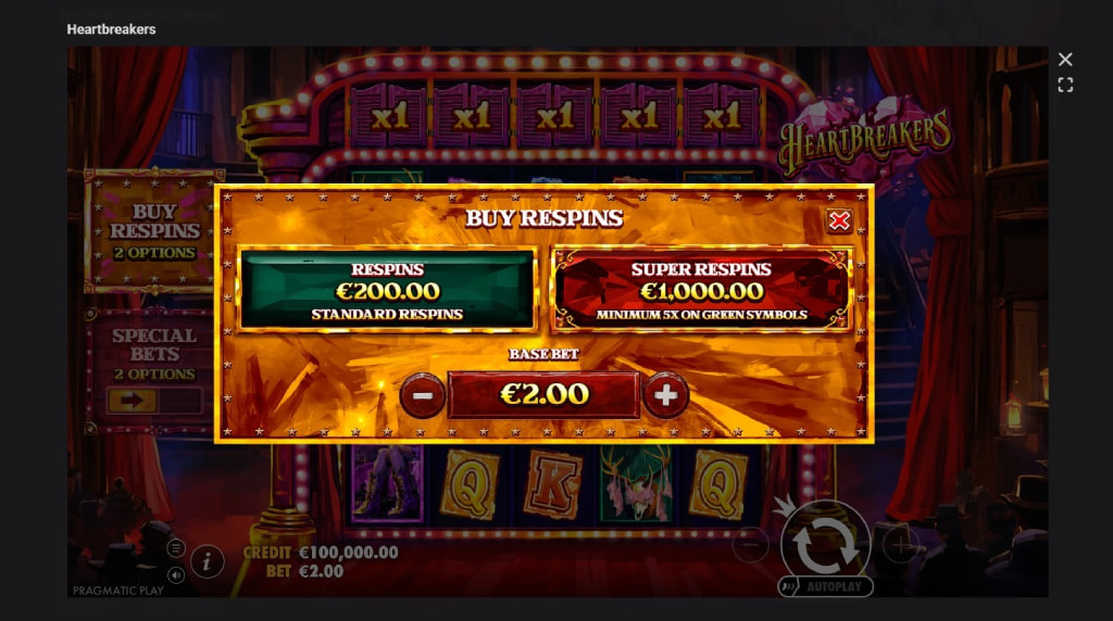 Screenshot cu funcția Cumpără Respin a slotului Heartbreakers