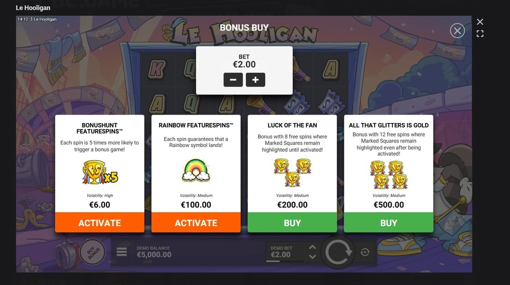 Screenshot cu funcția Bonus Buy a slotului Le Hooligan