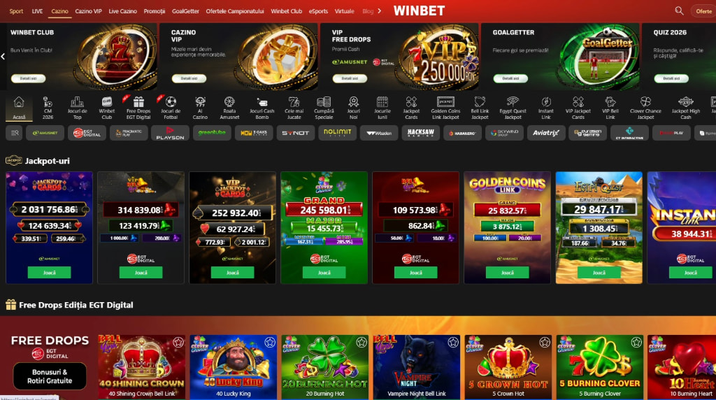 Ecranul de deschidere Winbet Casino, plin de bonusuri, jackpoturi, oferte