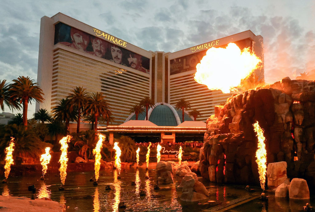 The volcano attraction in front of The Las Vegas Mirage Hotel & Casino erupts during the casino’s final week in business.