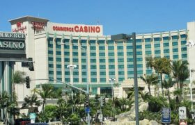 An exterior shot of California's Commerce Casino & Hotel.