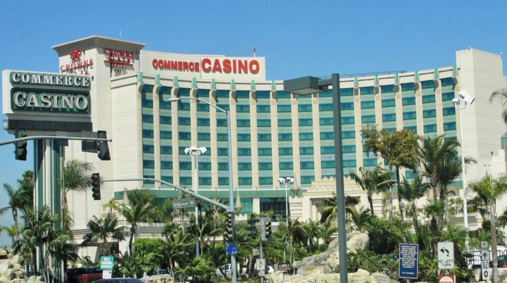 An exterior shot of Californias Commerce Casino and Hotel.