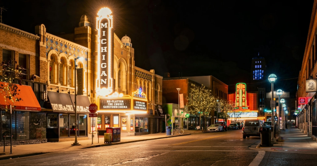 Michigan Theater marquee lit up at night