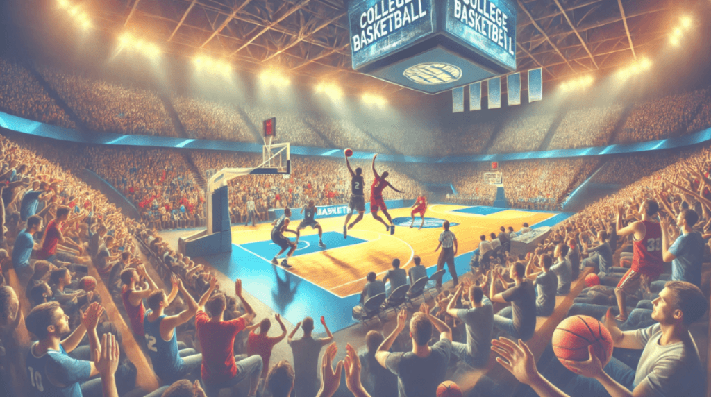 College basketball match in action.