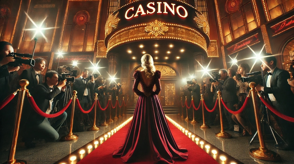 Celebrity on the red carpet outside a casino