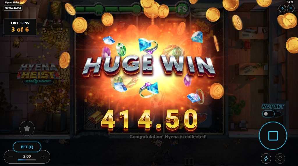 Screenshot of a huge win during the free spins feature of Hyena Heist