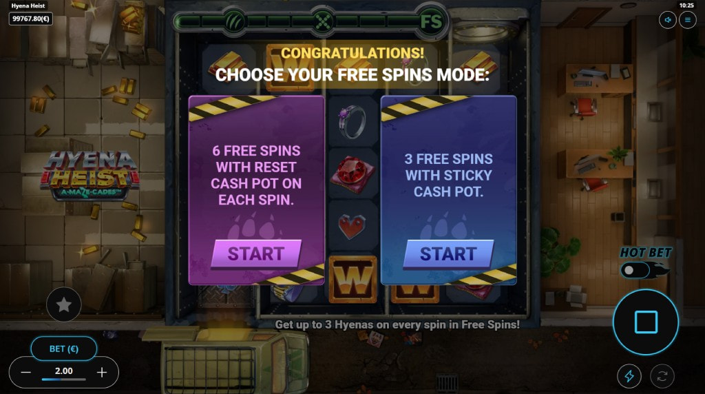 Screenshot of the free spins feature of Hyena Heist