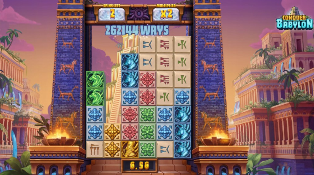 Screenshot showing all 8 rows in the Conquer Babylon slot by Relax Gaming (base game)