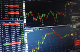 Laptop displaying trading charts and financial data