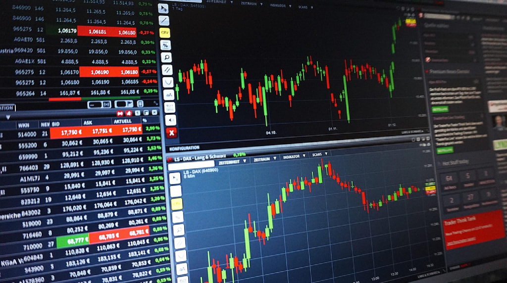 Laptop displaying trading charts and financial data